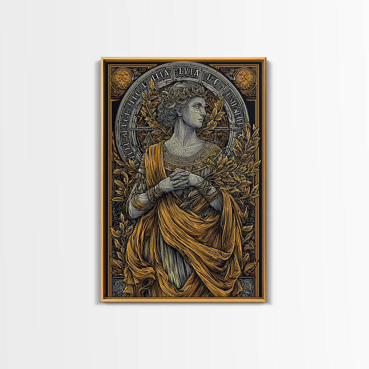 Greek Goddess Hestia With Fire Bowl, Mythology Canvas Gold Canvas Print, Ancient Goddess Wall Art, Real Wood Frame