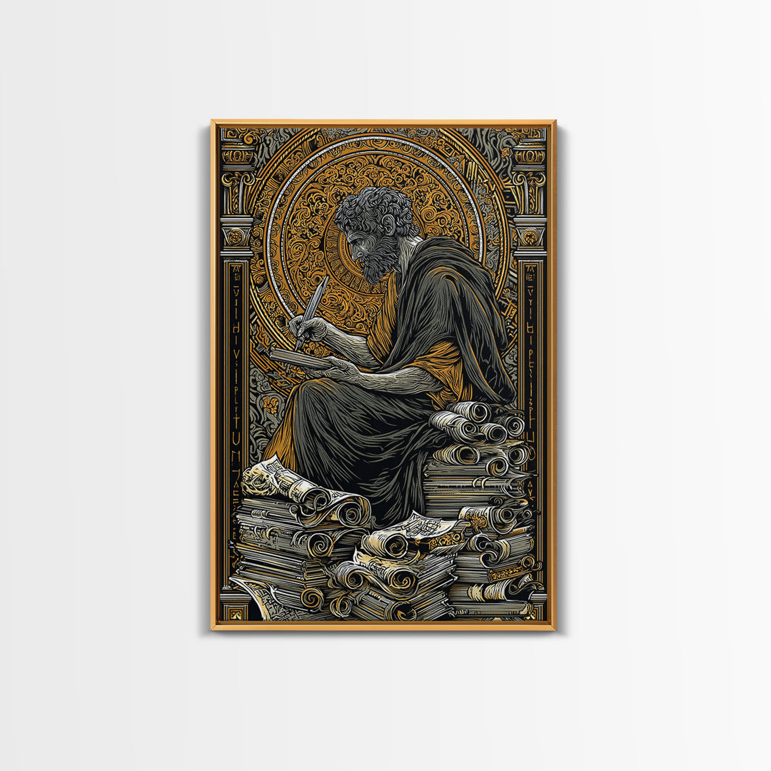 Canvas Gold Canvas Print, Ancient Philosopher Writing Art, Greek Scholar Wall Decor, Mythology Artwork, Real Wood Frame
