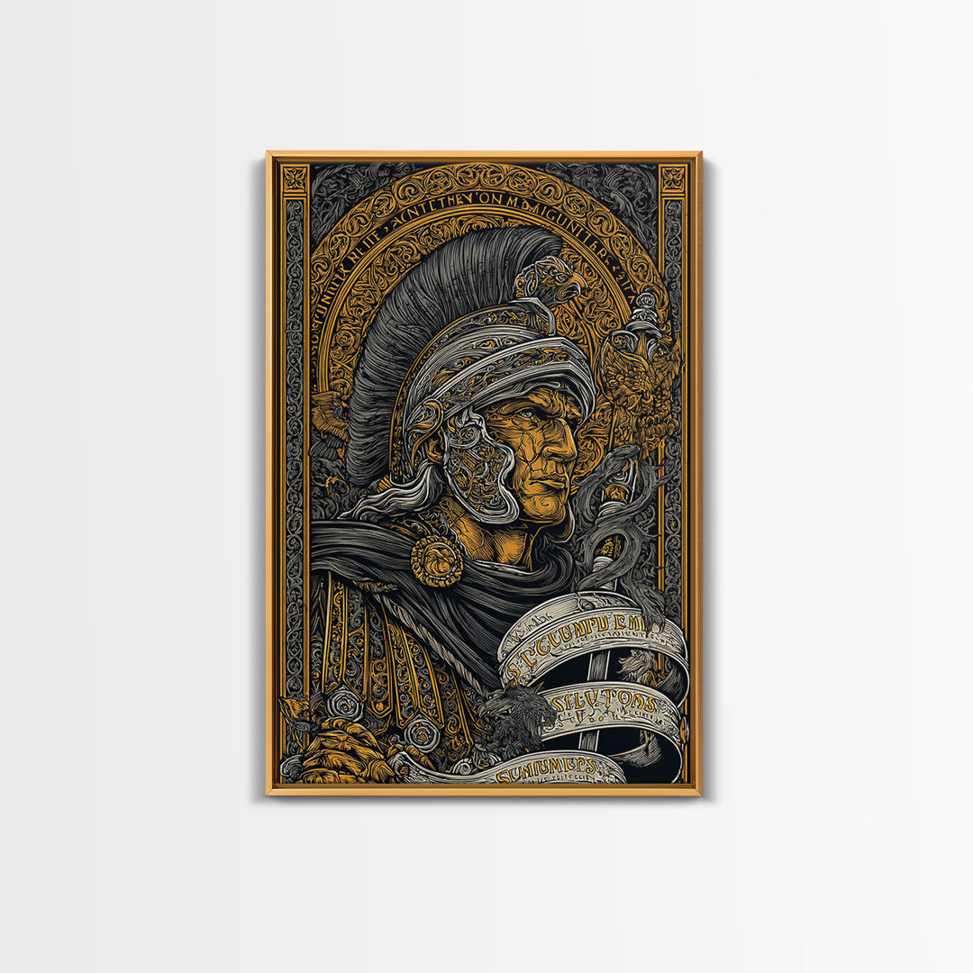 Canvas Gold Canvas Print, Warrior Helmet Roman Soldier Art, Ancient Military Wall Decor, Classical Artwork, Real Wood Frame