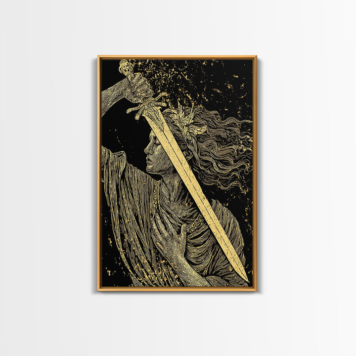 Canvas Gold Canvas Print, Goddess With Sword Art, Greek Mythology Warrior Wall Decor, Divine Strength Artwork, Real Wood Frame