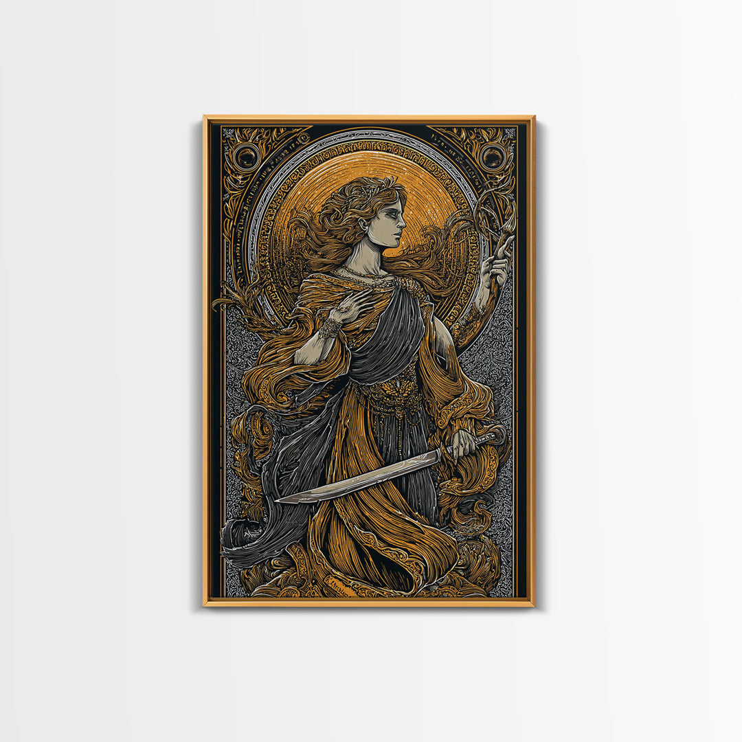 Canvas Gold Canvas Print, Mythical Goddess With Sword Art, Ancient Deity Wall Decor, Divine Feminine Strength Artwork, Real Wood Frame