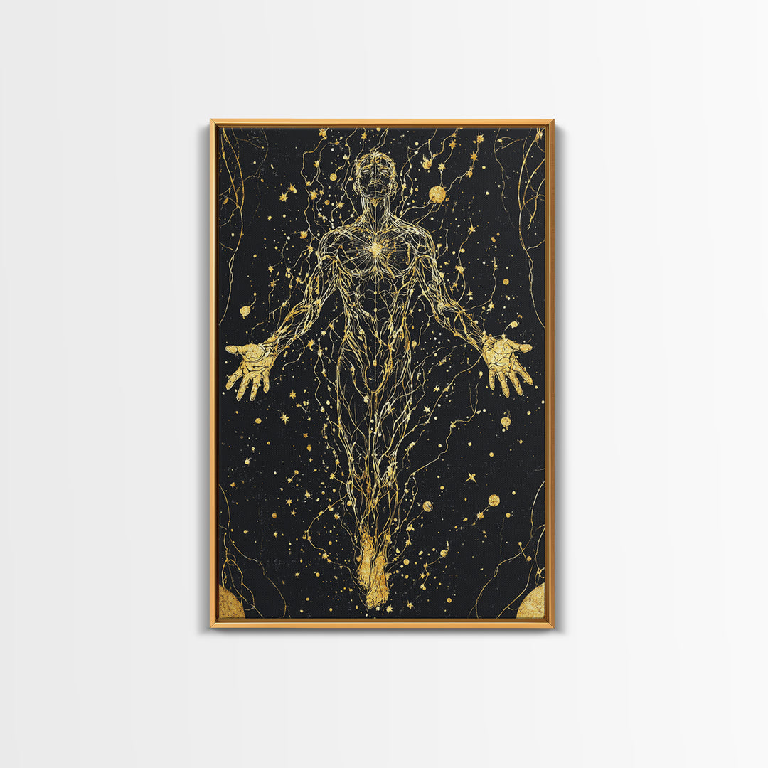 Canvas Gold Canvas Print, Cosmic Human Energy Lines Art, Spiritual Awakening Wall Decor, Astral Mythology Artwork, Real Wood Frame