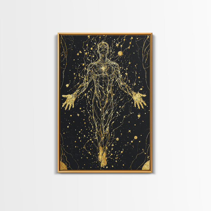 Canvas Gold Canvas Print, Cosmic Human Energy Lines Art, Spiritual Awakening Wall Decor, Astral Mythology Artwork, Real Wood Frame