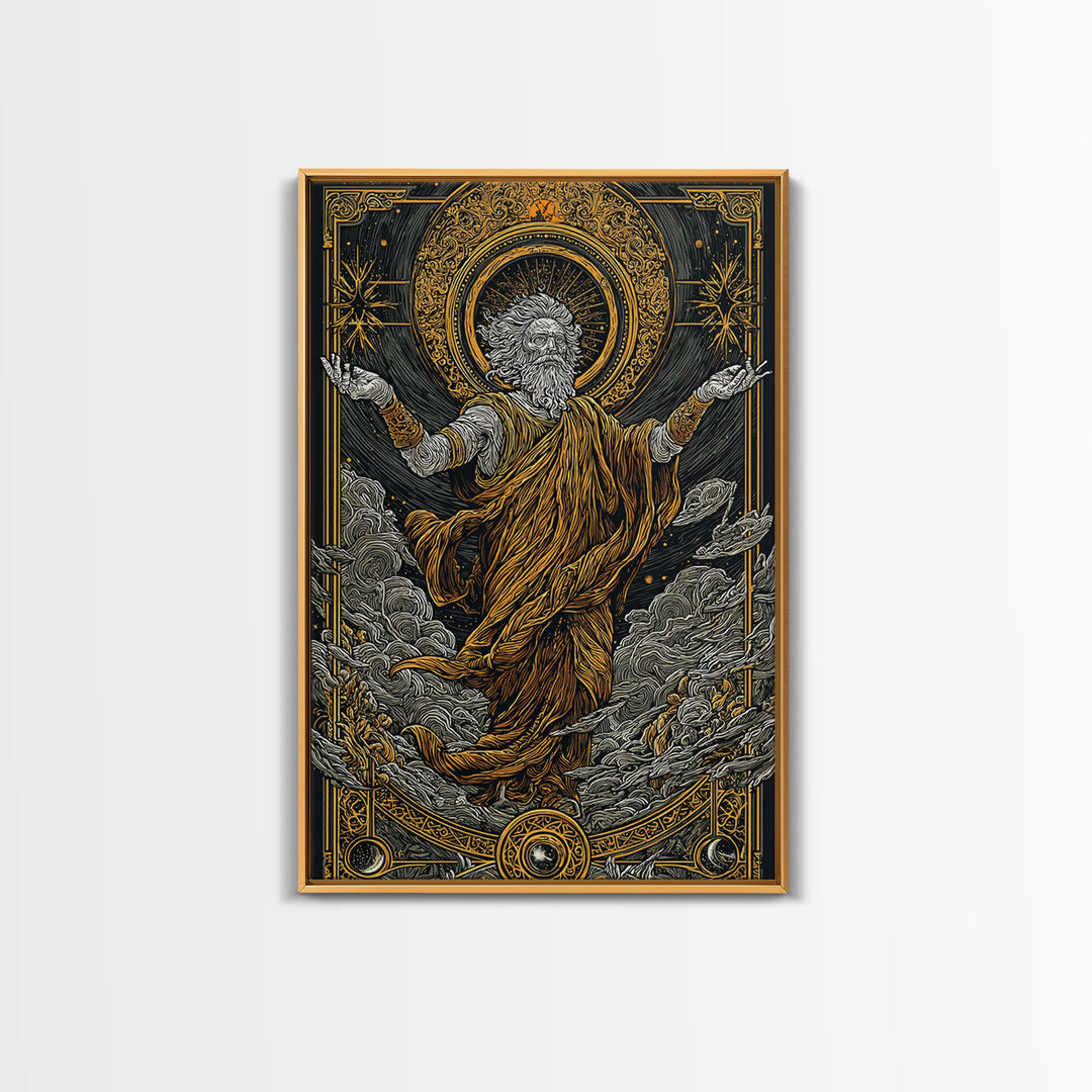 Canvas Gold Canvas Print, Ancient God Ascension Art, Mythology Divine Figure Wall Decor, Celestial Power Artwork, Real Wood Frame