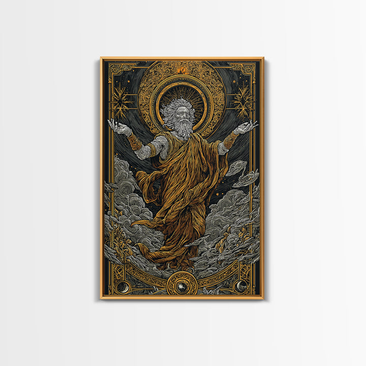 Canvas Gold Canvas Print, Ancient God Ascension Art, Mythology Divine Figure Wall Decor, Celestial Power Artwork, Real Wood Frame