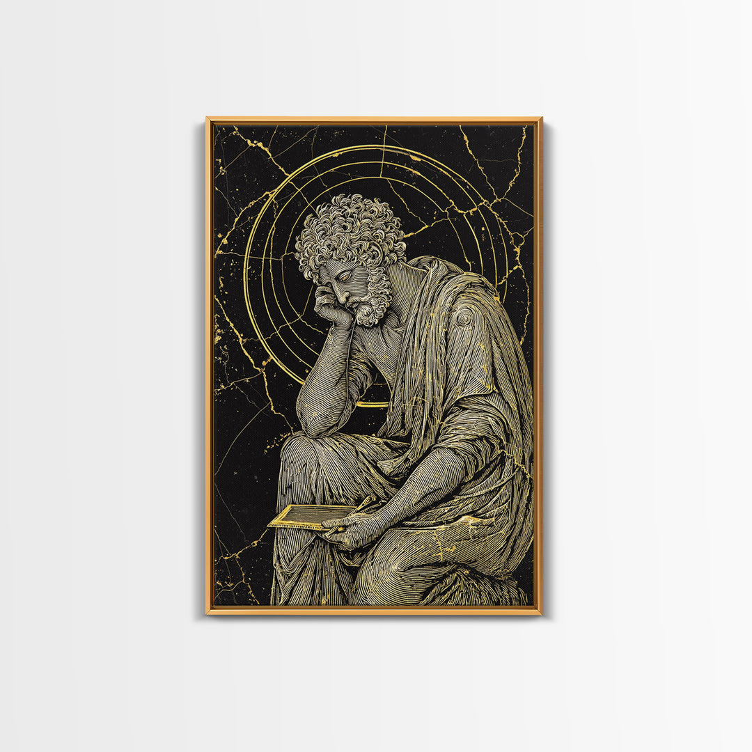 Canvas Gold Canvas Print, Stoic Philosopher Sitting Art, Ancient Thinker Wall Decor, Roman Wisdom Artwork, Real Wood Frame