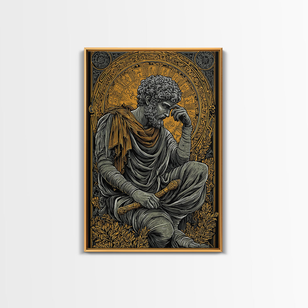 Canvas Gold Canvas Print, Greek Philosopher Statue Art, Ancient Wisdom Wall Decor, Classical Thinker Artwork, Real Wood Frame