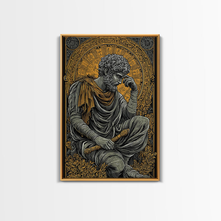 Canvas Gold Canvas Print, Greek Philosopher Statue Art, Ancient Wisdom Wall Decor, Classical Thinker Artwork, Real Wood Frame