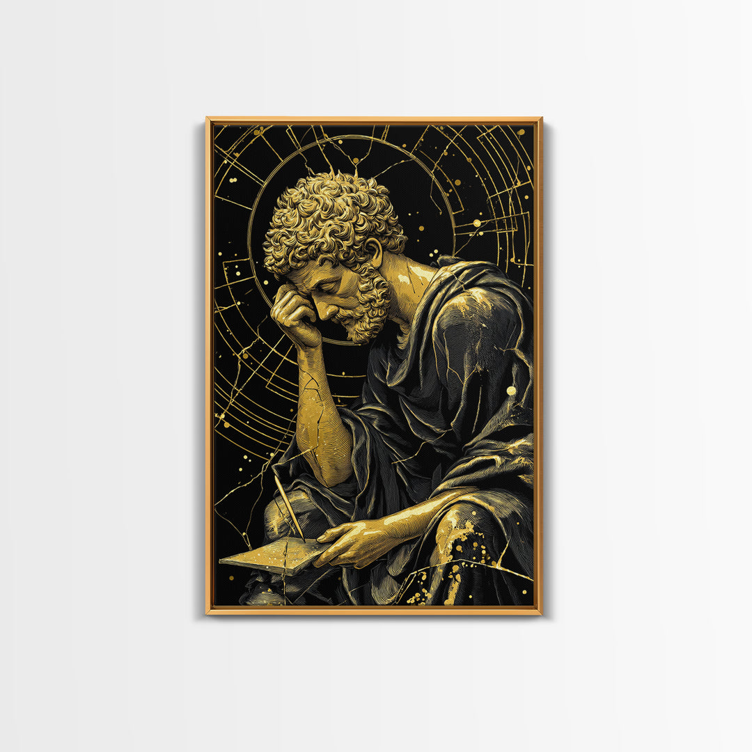 Canvas Gold Canvas Print, Pensive Philosopher Study Art, Ancient Scholar Wall Decor, Roman Thinker Artwork, Real Wood Frame