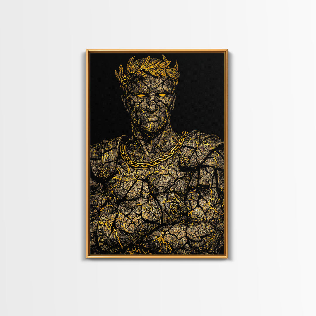 Roman Emperor Bust Canvas Gold Canvas Print, Mythology Wall Art, Regal Warrior Portrait, Classical Decor, Real Wood Frame