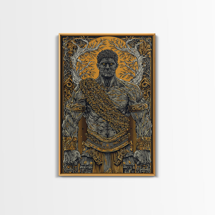 Roman Warrior Canvas Gold Canvas Print, Ancient Strength Wall Art, Mythology Inspired Decor, Luxury Home Accent, Real Wood Frame
