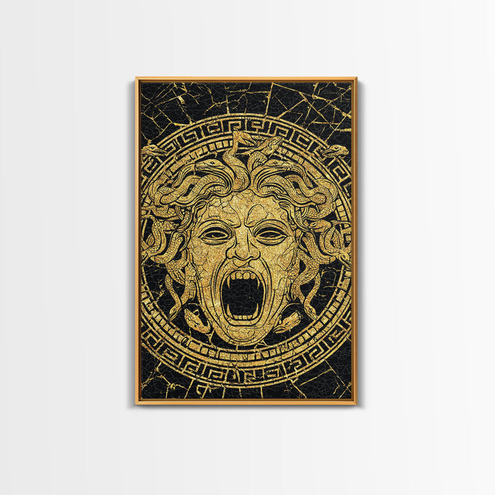 Medusa Head Canvas Gold Canvas Print, Mythology Wall Art, Snake Hair Monster Decor, Greek Legend Artwork, Real Wood Frame