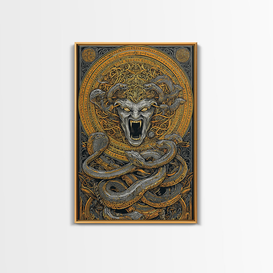 Medusa Serpent Canvas Gold Canvas Print, Mythology Wall Art, Fierce Gorgon Decor, Greek Goddess Inspired Artwork, Real Wood Frame