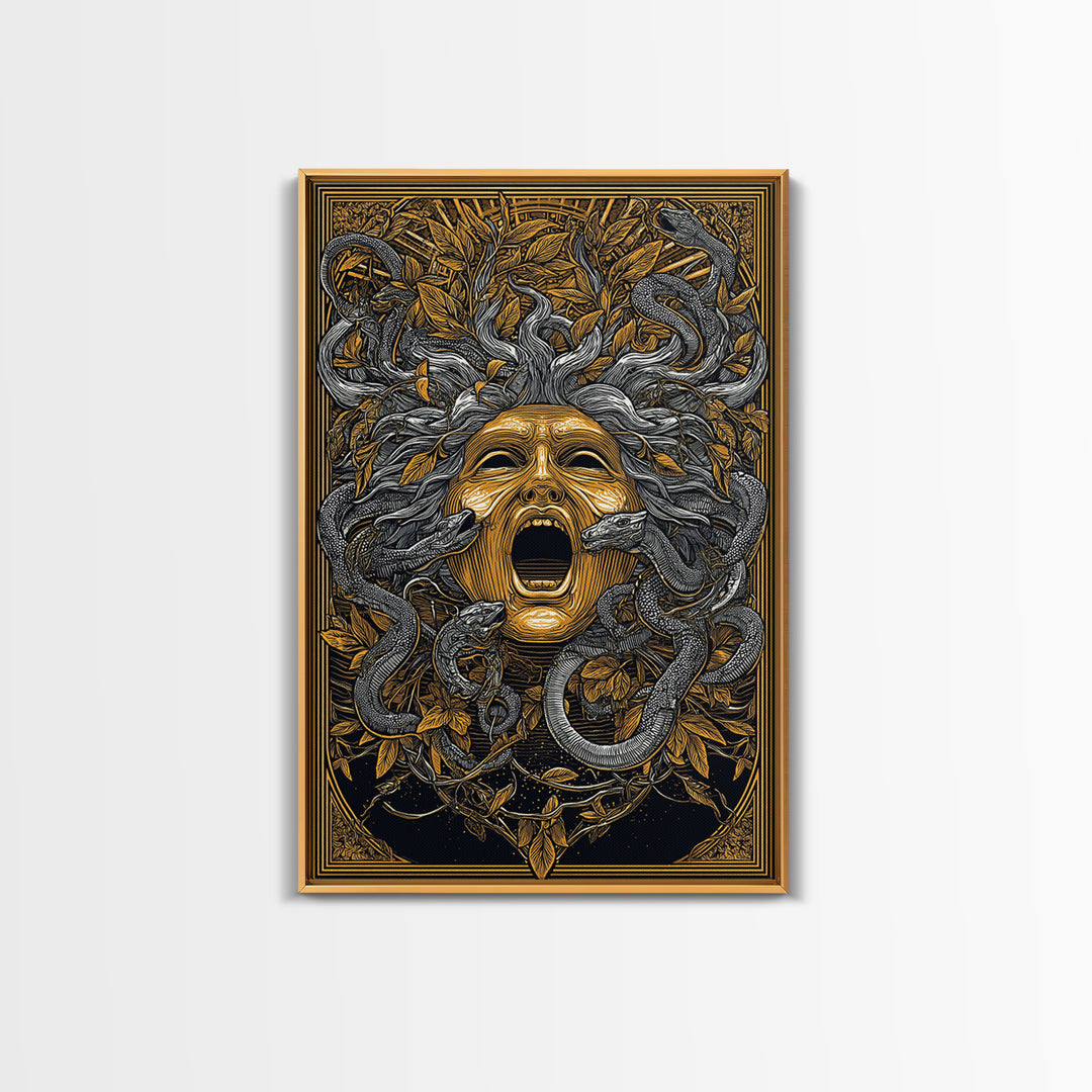 Medusa Mask Canvas Gold Canvas Print, Snake Hair Wall Art, Mythology Decor, Greek Gorgon Artwork, Intricate Myth Print, Real Wood Frame