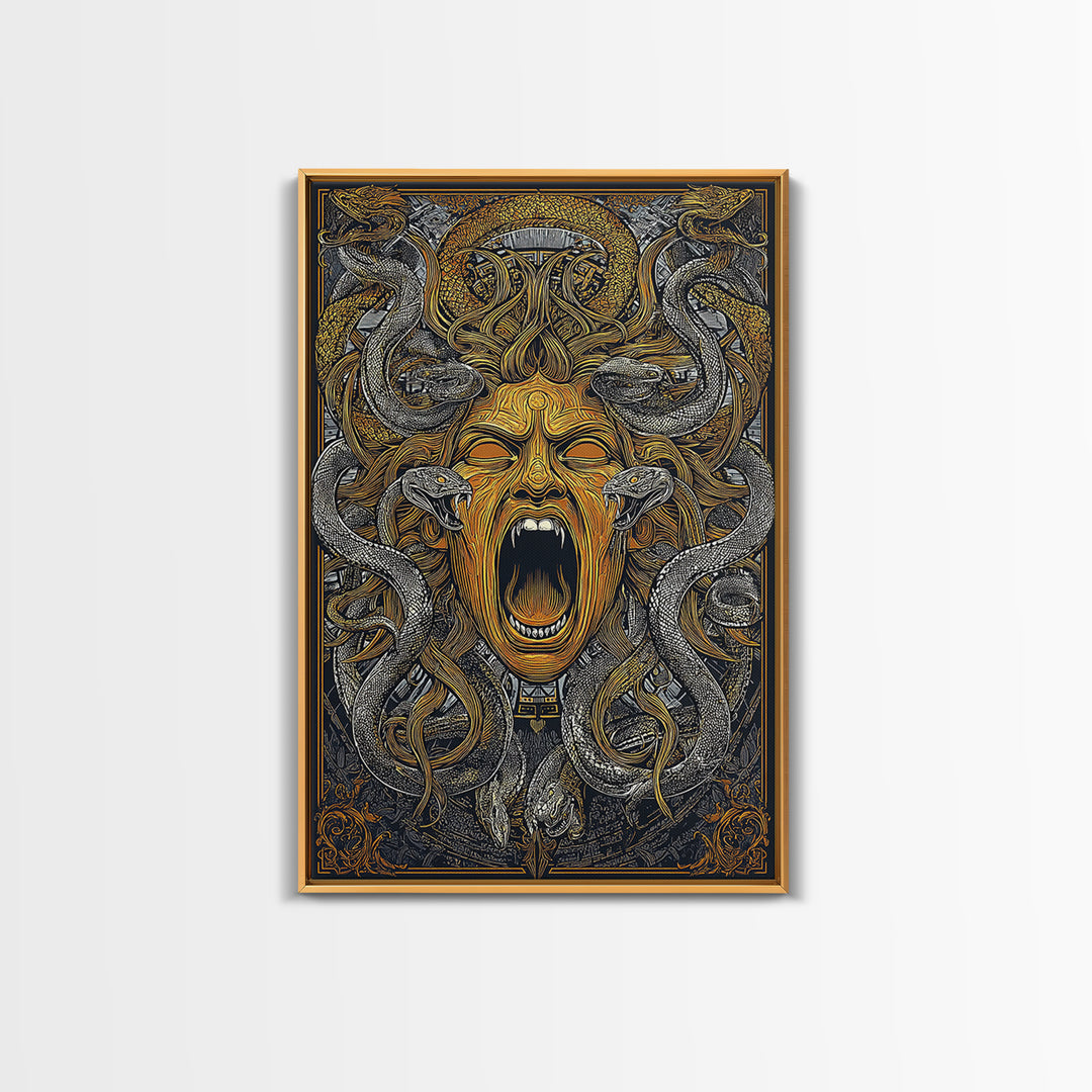 Medusa Snakes Canvas Gold Canvas Print, Mythology Wall Art, Fierce Gorgon Decor, Ancient Greek Inspired Artwork, Real Wood Frame
