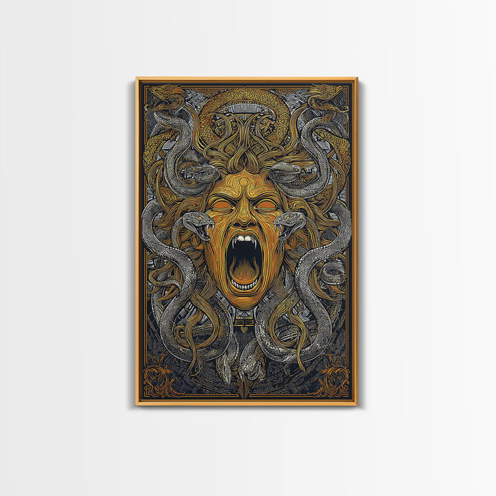 Medusa Snakes Canvas Gold Canvas Print, Mythology Wall Art, Fierce Gorgon Decor, Ancient Greek Inspired Artwork, Real Wood Frame
