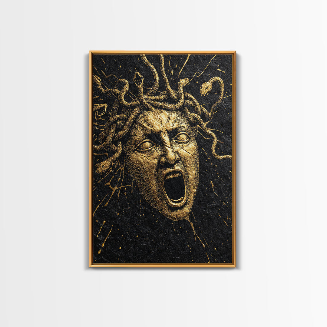 Medusa Face Canvas Gold Canvas Print, Mythology Wall Art, Serpent Haired Gorgon Decor, Dark Fantasy Greek Artwork, Real Wood Frame