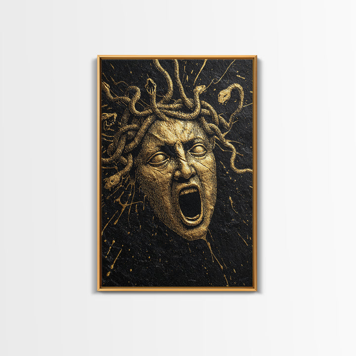 Medusa Face Canvas Gold Canvas Print, Mythology Wall Art, Serpent Haired Gorgon Decor, Dark Fantasy Greek Artwork, Real Wood Frame