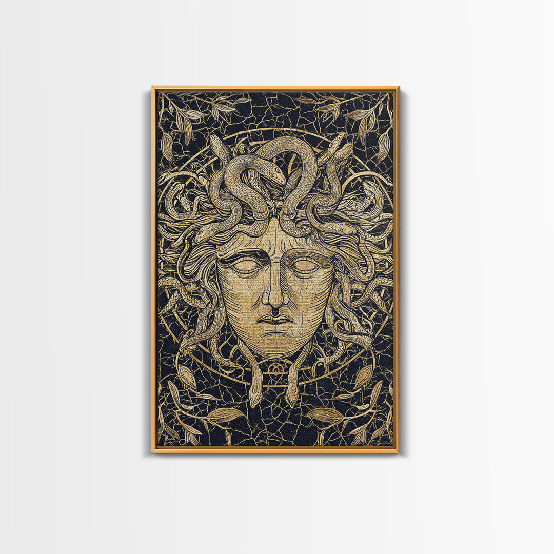 Medusa Head Canvas Gold Art, Mythology Wall Print, Snake Hair Decor, Fierce Ancient Greek Gorgon Artwork, Real Wood Frame