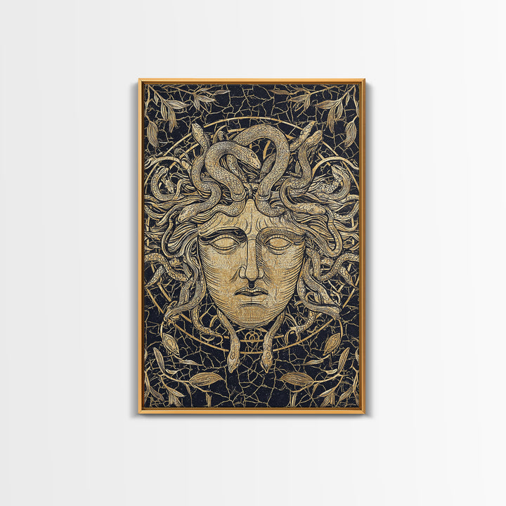 Medusa Head Canvas Gold Art, Mythology Wall Print, Snake Hair Decor, Fierce Ancient Greek Gorgon Artwork, Real Wood Frame