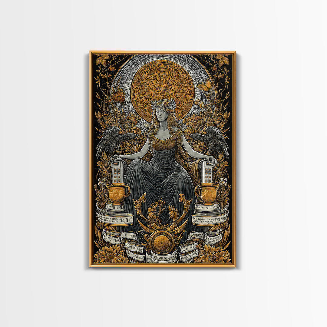 Goddess Throne Canvas Gold Canvas Print, Mythology Wall Art, Divine Queen Decor, Ancient Inspired Spiritual Artwork, Real Wood Frame