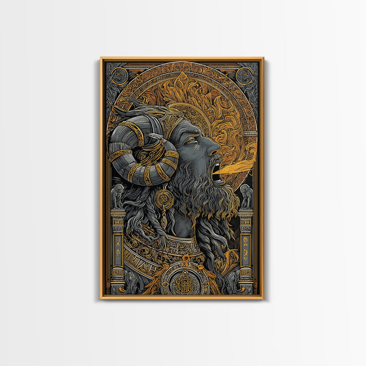 Horned God Canvas Gold Canvas Print, Mythology Wall Art, Fire Breathing Deity Decor, Pagan Inspired Spiritual Artwork, Real Wood Frame