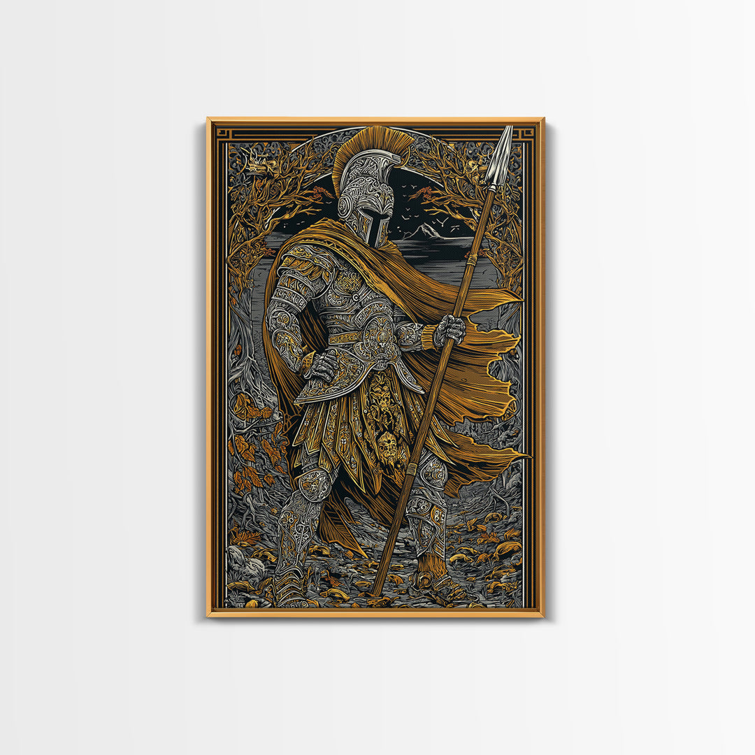 Ancient Hero Canvas Gold Canvas Print, Mythological Warrior Art, Classical Armor Wall Decor, Fantasy Epic Artwork Real Wood Frame