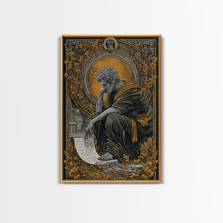 Horned God Canvas Gold Canvas Print, Mythical Warrior Wall Art, Ancient Deity With Flames Artwork, Fantasy Myth Decor Real Wood Frame