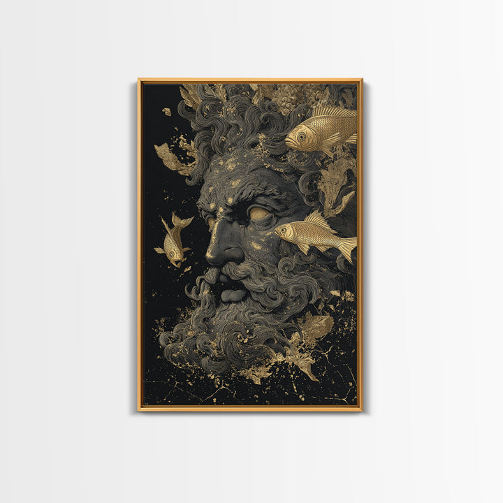 Ocean God Oceanus Canvas Gold Canvas Print, Greek Mythology Sea Deity Art, Real Wood Frame, Elegant Nautical Wall Decor