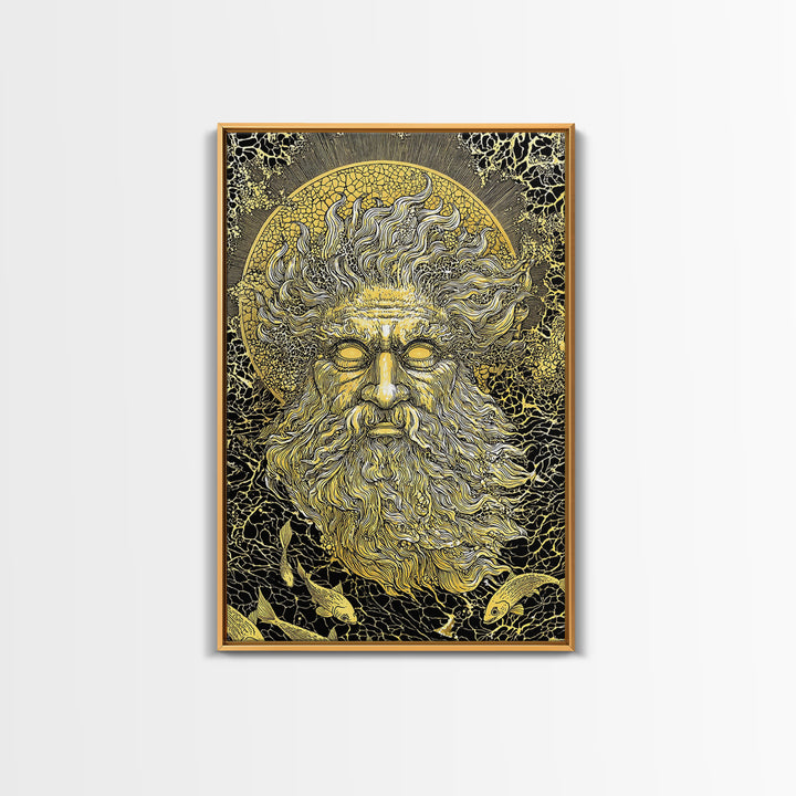 Ancient Sea God Oceanus Canvas Gold Art, Mythological Wall Print, Real Wood Frame, Classical Maritime Inspired Home Decor