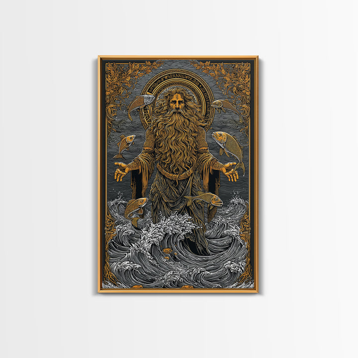 Powerful Titan Oceanus Canvas Gold Canvas Print, Greek Mythology Wall Art, Real Wood Frame, Luxury Ocean Inspired Home Accent