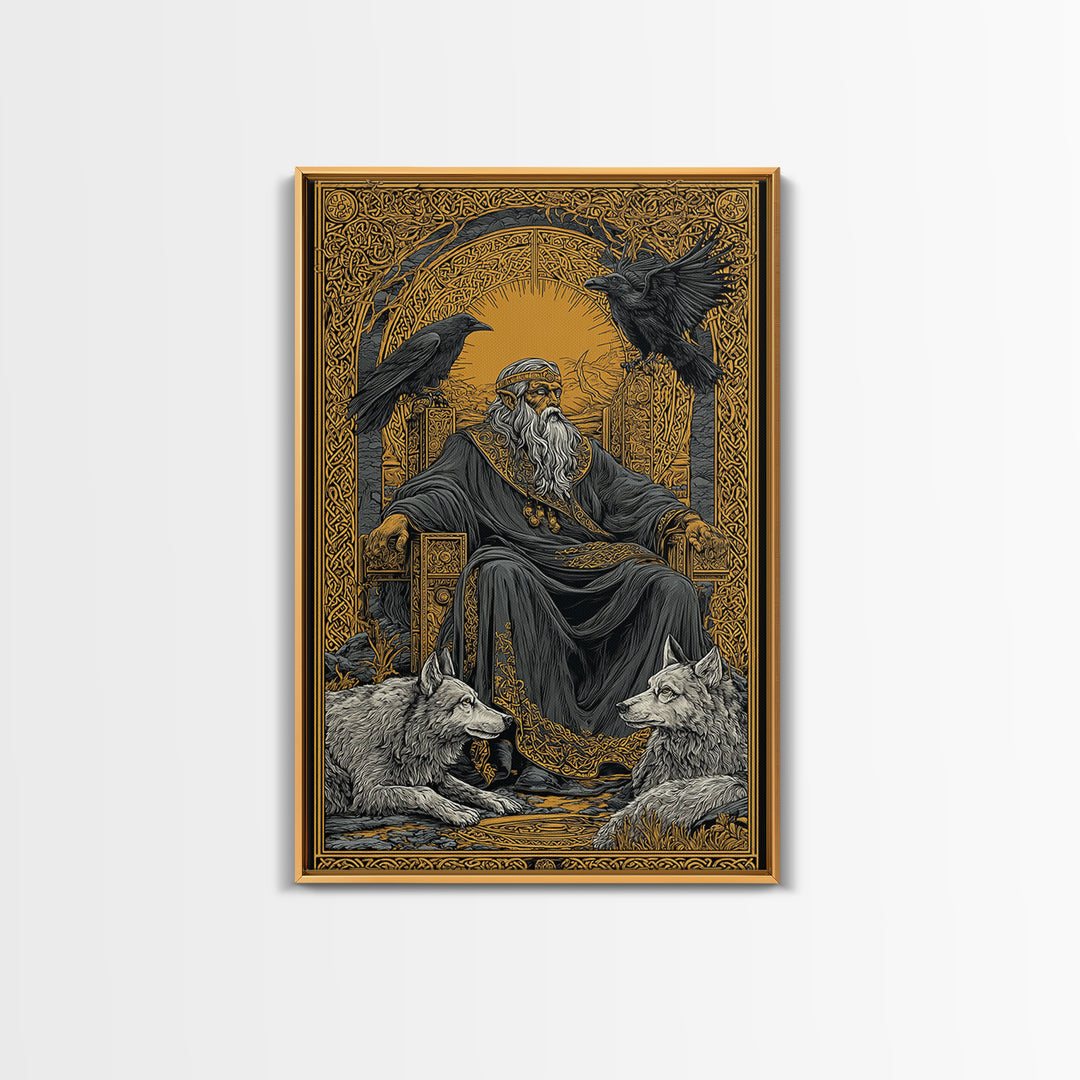 Odin Allfather Canvas Gold Canvas Print, Viking Mythology Wall Art, Real Wood Frame, Norse Legend Inspired Decor For Home