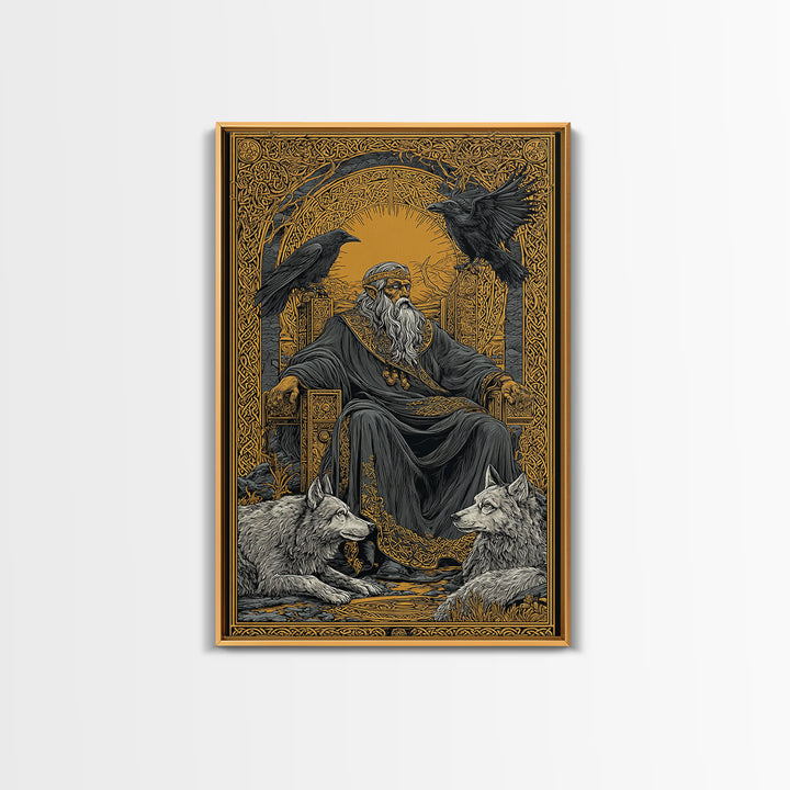 Odin Allfather Canvas Gold Canvas Print, Viking Mythology Wall Art, Real Wood Frame, Norse Legend Inspired Decor For Home