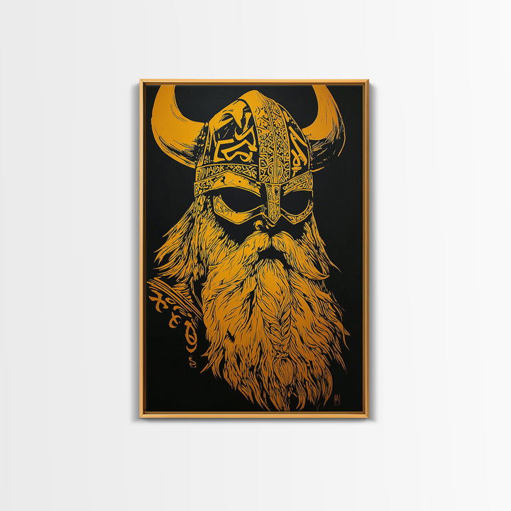 Norse Mythology Odin Canvas Gold Art, Viking Warrior God Canvas Print, Real Wood Frame, Ancient Scandinavian Wall Decoration
