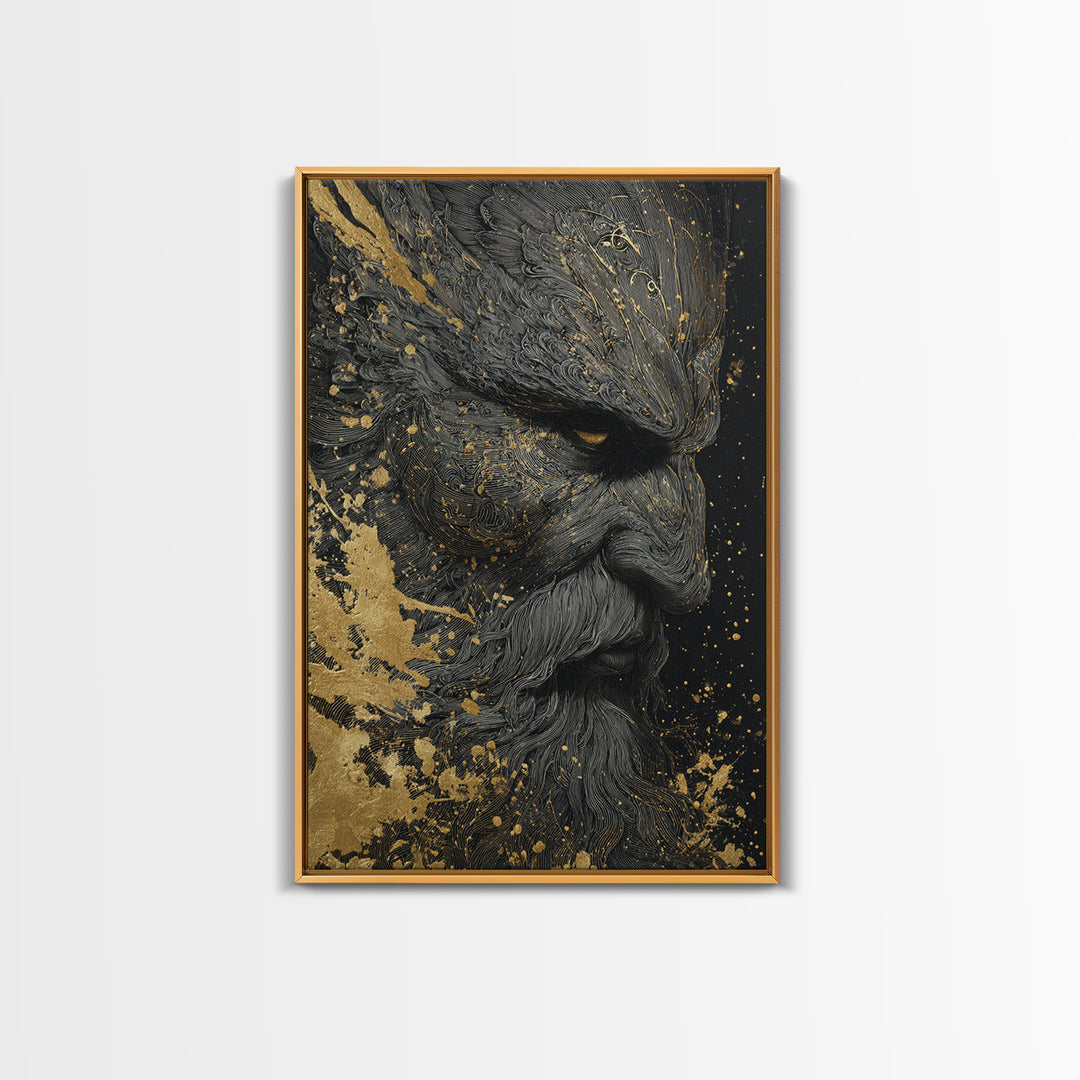 Bearded Warrior Portrait, Textured Detail, Canvas Gold Canvas Print, Mythological Art, Real Wood Frame, Norse Inspired Decor