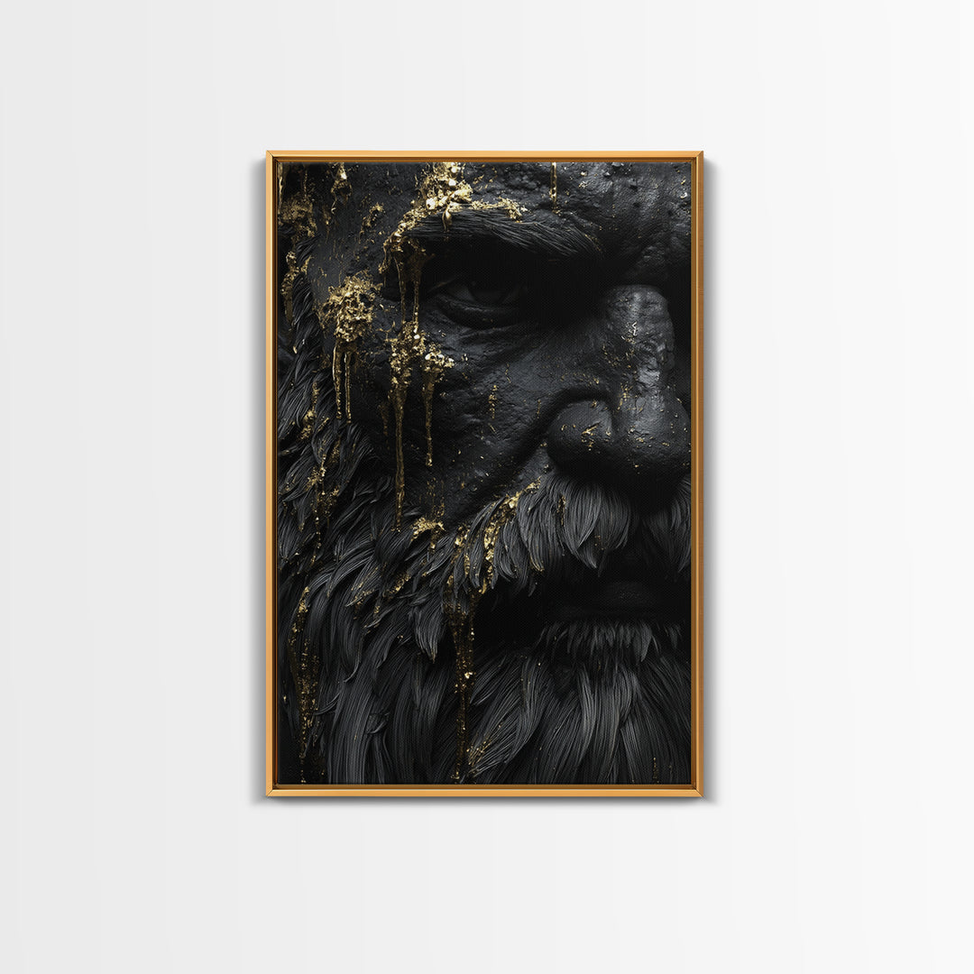 Abstract Mythological Face, Golden Tears Design, Canvas Gold Canvas Print, Textured Wall Art, Real Wood Frame, Dramatic Statement