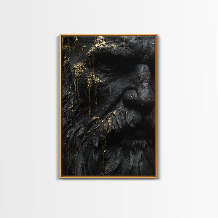 Abstract Mythological Face, Golden Tears Design, Canvas Gold Canvas Print, Textured Wall Art, Real Wood Frame, Dramatic Statement