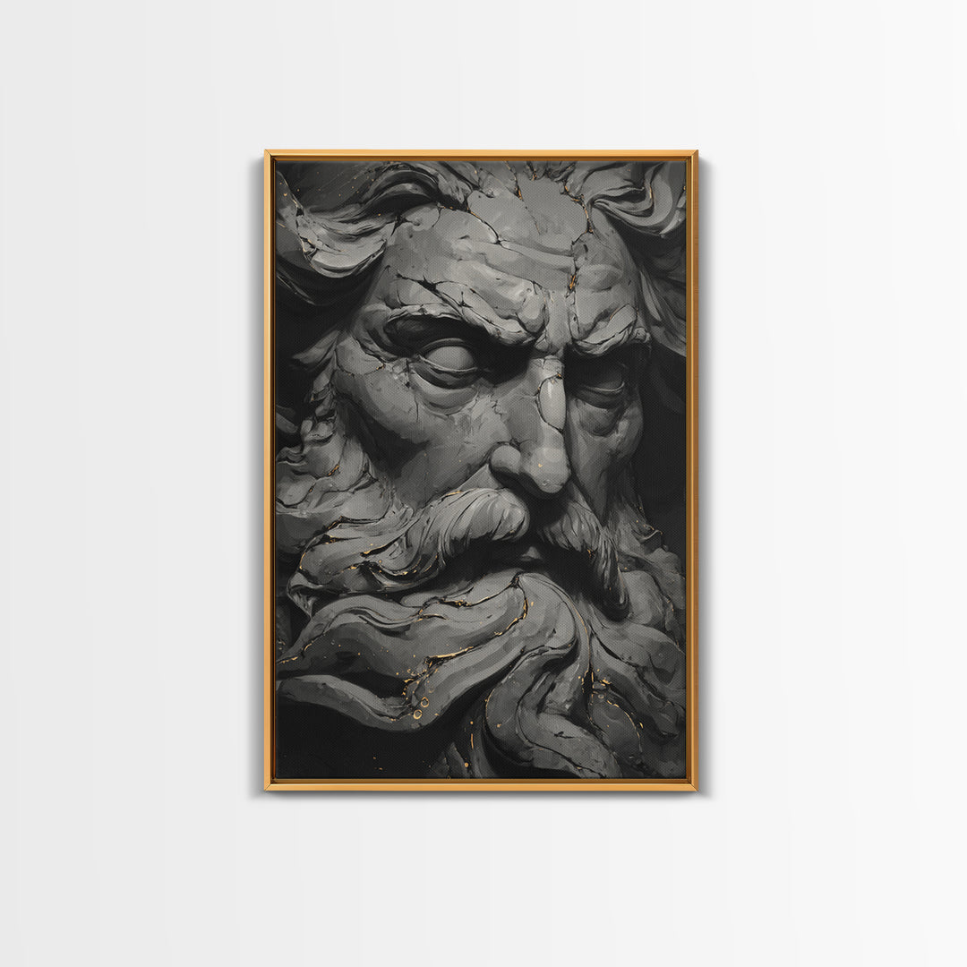 Odin On Throne With Ravens And Wolves, Norse Mythology Decor, Canvas Gold Art, Viking God Print, Real Wood Frame, Nordic Legend