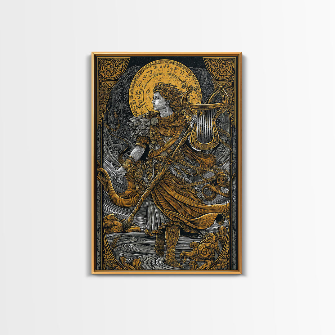 Apollo With Lyre, Greek God Of Music, Mythology Inspired Canvas Gold Canvas Print, Elegant Wall Art, Real Wood Frame, Divine Classic