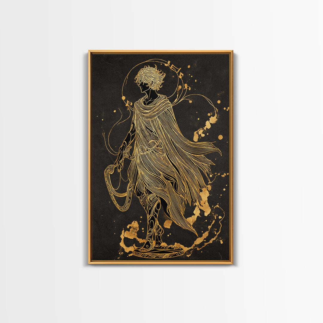 Apollo Figure With Flowing Cloak, Line Art Mythology Design, Canvas Gold Art, Mythical Wall Decor, Real Wood Frame, Elegant Greek