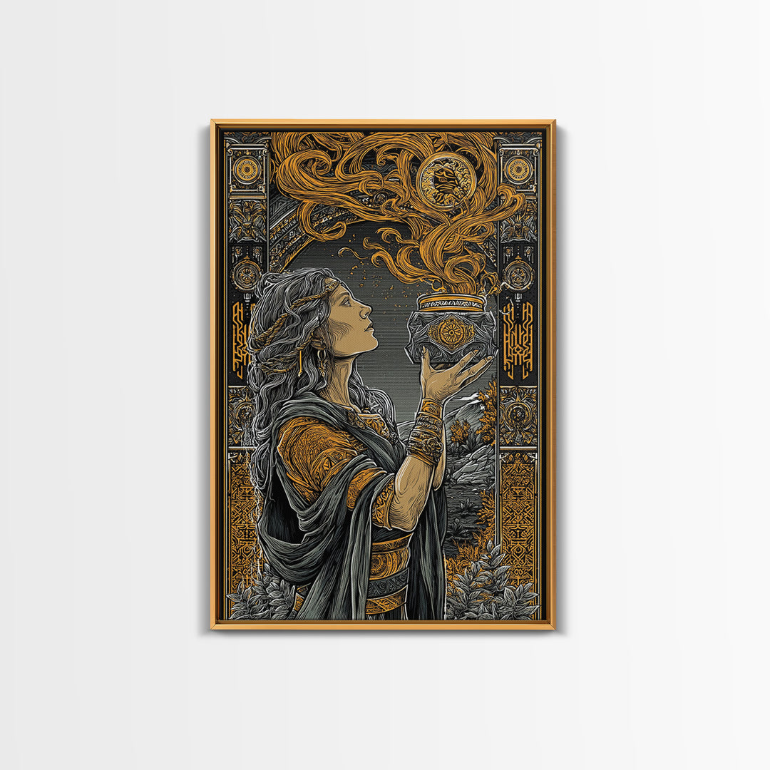Pandora With Mythical Jar, Ancient Greek Mythology Canvas Gold Art, Detailed Decorative Wall Print, Real Wood Frame, Timeless Classic