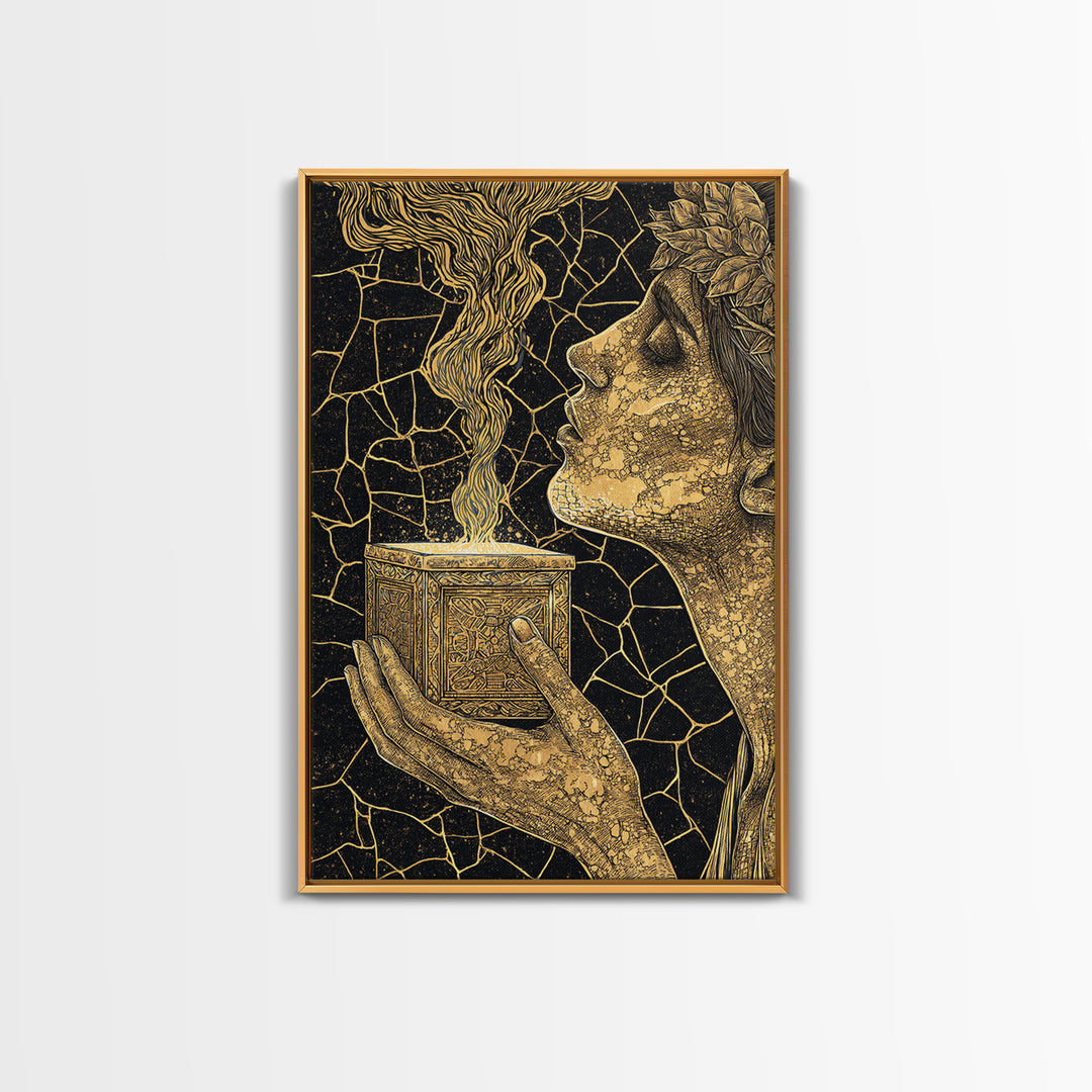 Pandora Opening Mythical Box, Surreal Greek Goddess Design, Canvas Gold Canvas Print, Mythological Wall Art, Real Wood Frame, Enchanting