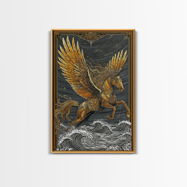 Pegasus Flying Above Waves, Mythical Winged Horse Art, Canvas Gold Art, Greek Mythology Wall Print, Real Wood Frame, Heroic Statement