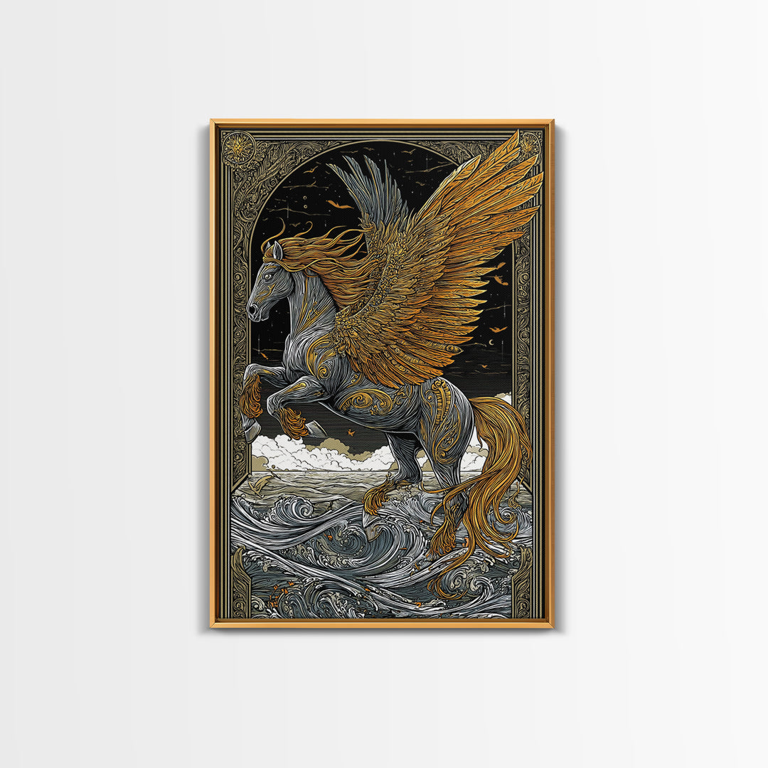 Winged Pegasus Canvas Gold Canvas Print, Mythology Wall Art, Luxury Equine Artwork, Real Wood Framed Mythical Decor