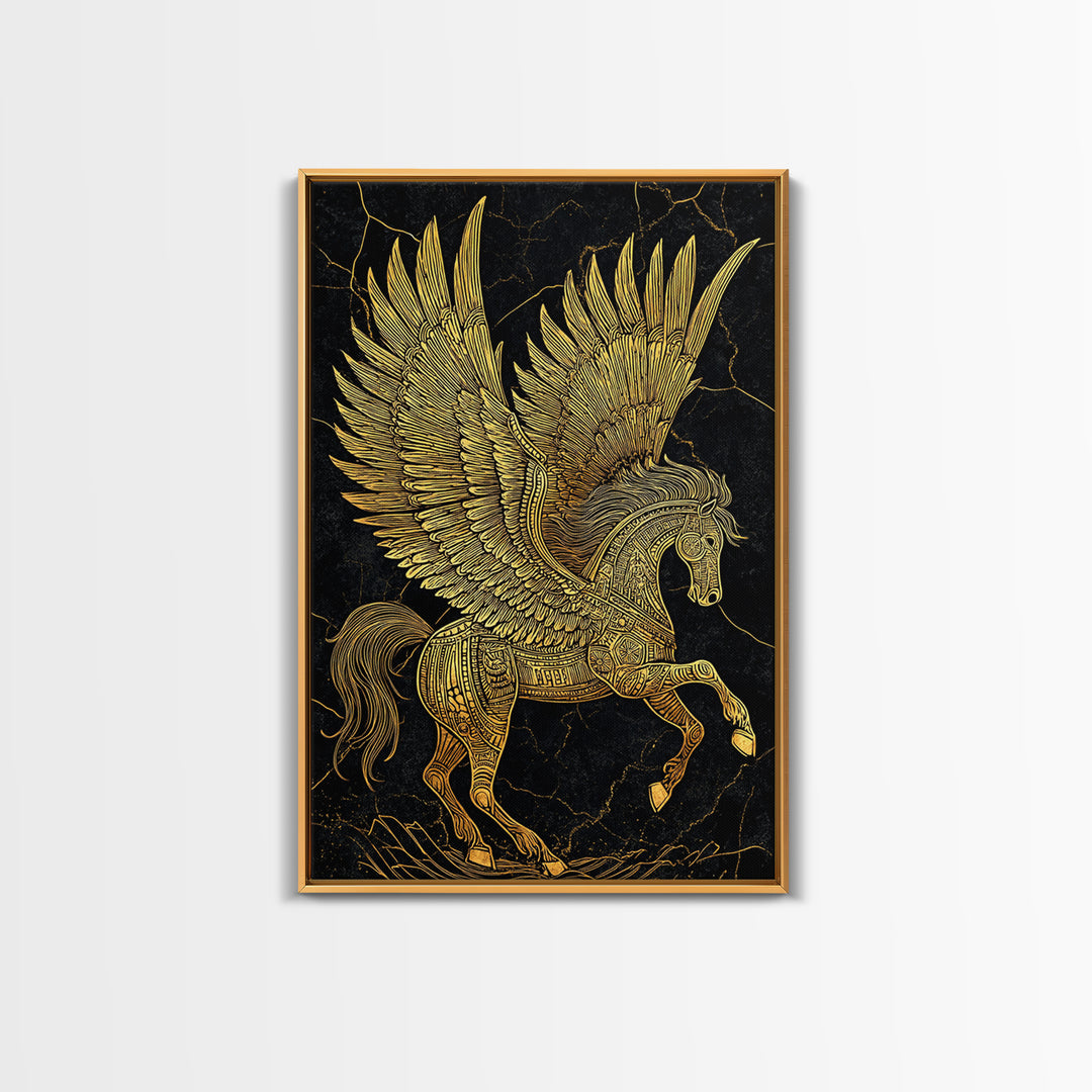 Golden Pegasus Canvas Gold Canvas Print, Mythological Horse Artwork, Elegant Home Wall Art, Real Wood Framed Fantasy Decor