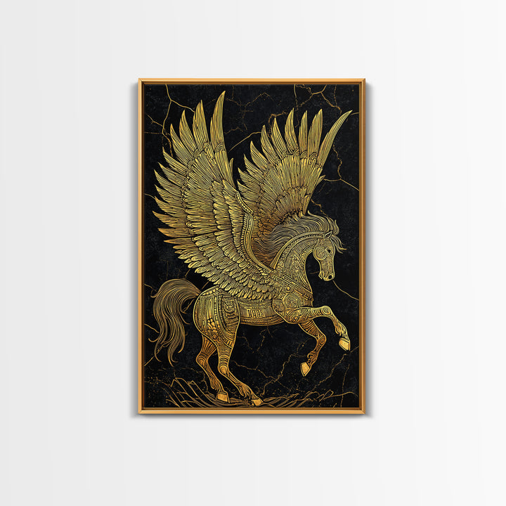 Golden Pegasus Canvas Gold Canvas Print, Mythological Horse Artwork, Elegant Home Wall Art, Real Wood Framed Fantasy Decor