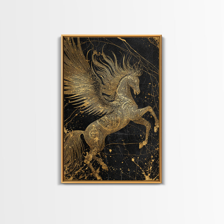 Abstract Pegasus Canvas Gold Art, Mythology Wall Print, Unique Equine Design, Real Wood Framed Modern Mythical Artwork