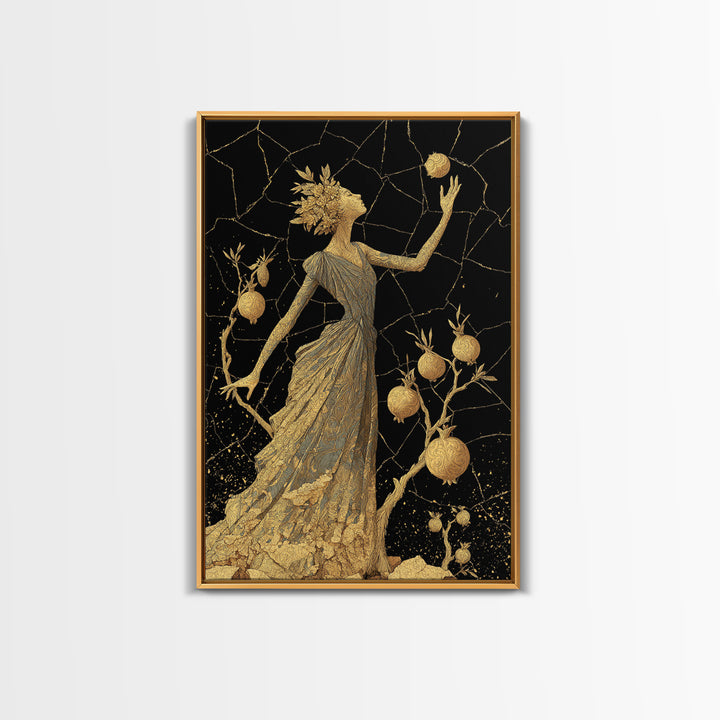 Persephone With Pomegranates Canvas Gold Canvas Print, Mythology Wall Art, Elegant Greek Goddess Decor, Real Wood Frame
