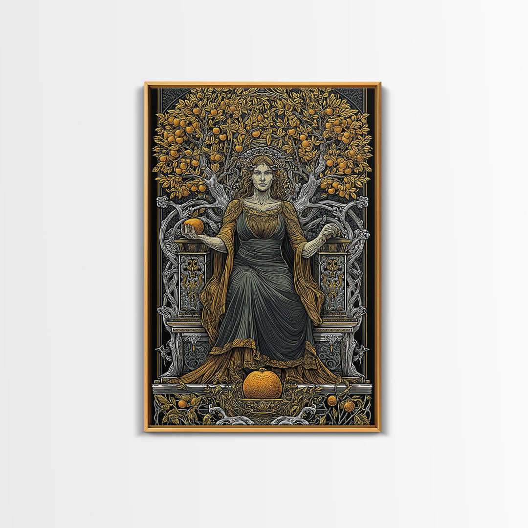 Seated Persephone Canvas Gold Canvas Print, Goddess Of Fertility Wall Art, Mythological Decor, Real Wood Framed Artwork