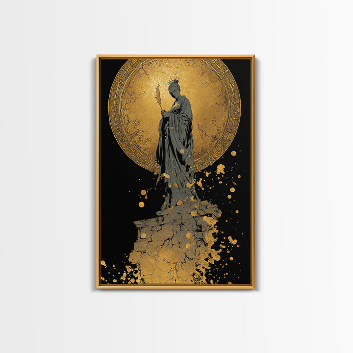 Goddess Statue Canvas Gold Canvas Print, Ancient Mythology Wall Art, Elegant Female Figure Artwork, Real Wood Framed Decor